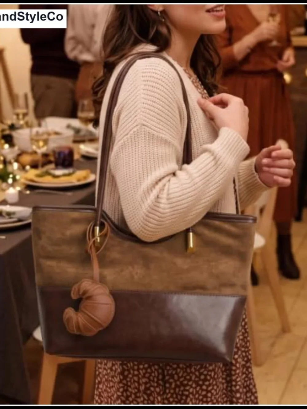 Brown Croissant Bag Charm, PU Leather Bread Keychain